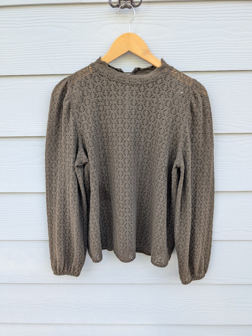 Loft Blouse Size S Green Sage Cotton Long Puff Sleeves Knitted Light Summer